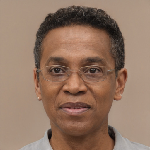 Joyful black adult male with short  black hair and brown eyes