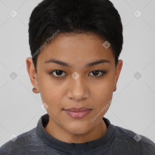 Joyful latino young-adult female with short  brown hair and brown eyes