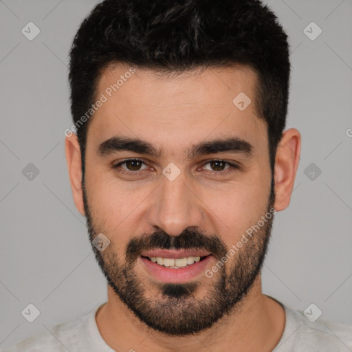 Joyful white young-adult male with short  black hair and brown eyes