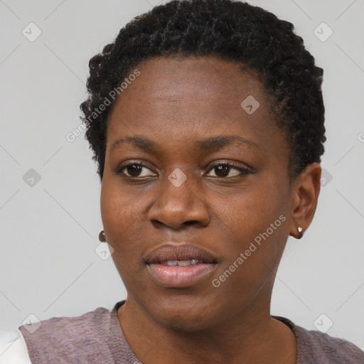 Neutral black young-adult female with short  black hair and brown eyes