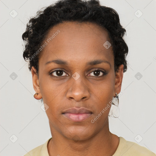 Neutral black young-adult female with short  brown hair and brown eyes