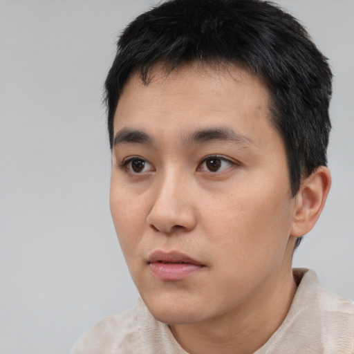 Neutral asian young-adult male with short  black hair and brown eyes