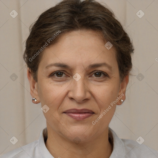 Joyful white adult female with short  brown hair and brown eyes