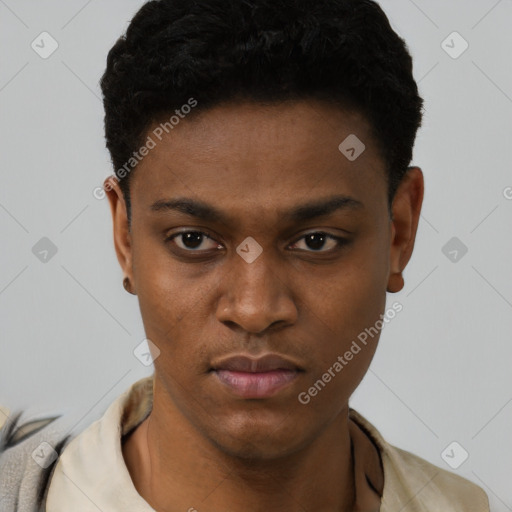 Neutral black young-adult male with short  black hair and brown eyes