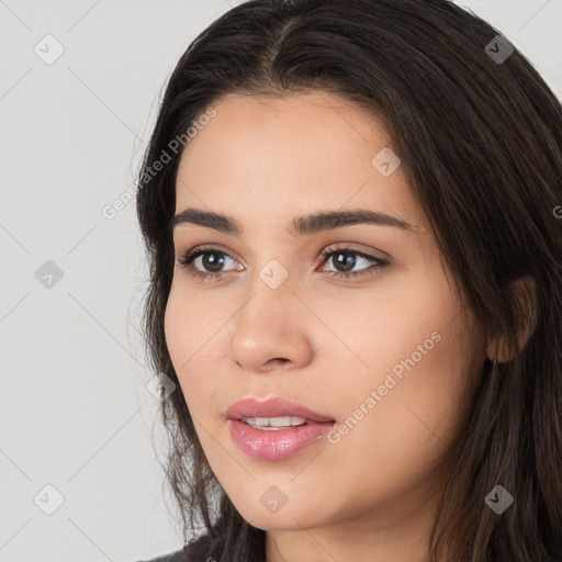 Neutral white young-adult female with long  brown hair and brown eyes