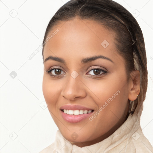 Joyful white young-adult female with long  brown hair and brown eyes