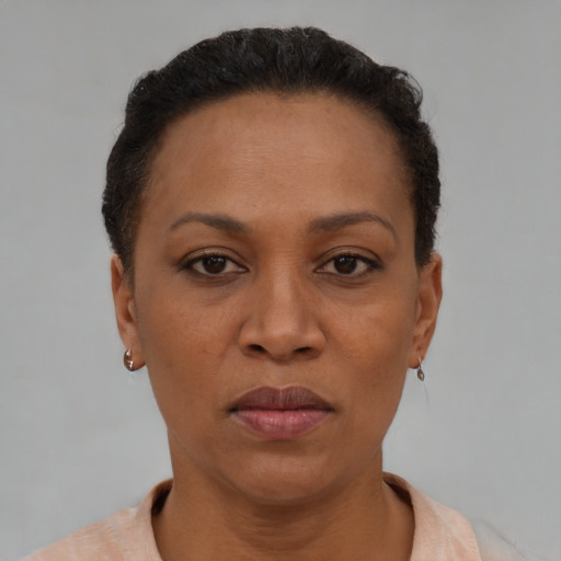 Joyful black adult female with short  brown hair and brown eyes