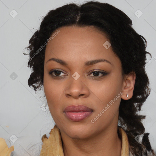 Joyful black young-adult female with medium  black hair and brown eyes