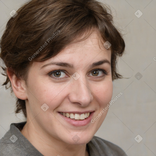 Joyful white adult female with medium  brown hair and grey eyes