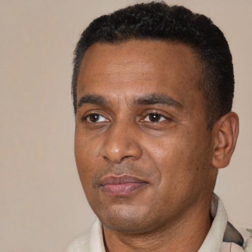 Neutral black adult male with short  black hair and brown eyes
