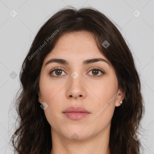 Neutral white young-adult female with long  brown hair and brown eyes