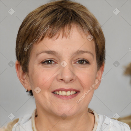 Joyful white adult female with short  brown hair and brown eyes