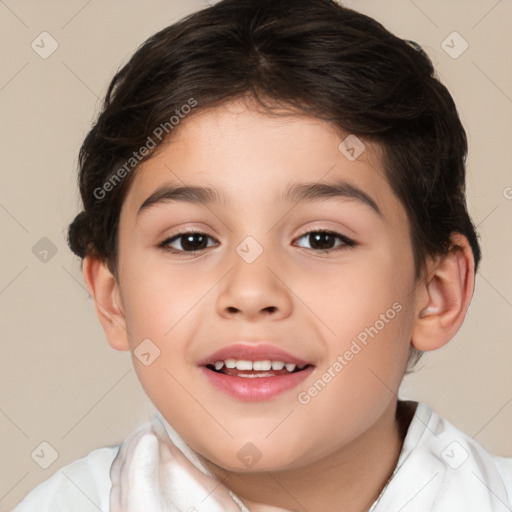 Joyful white child female with short  brown hair and brown eyes