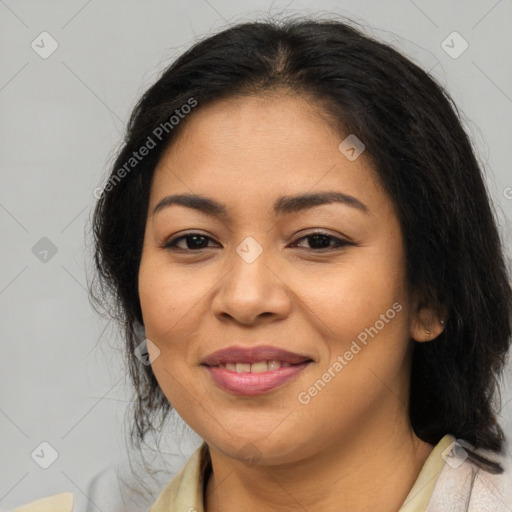 Joyful latino young-adult female with medium  brown hair and brown eyes