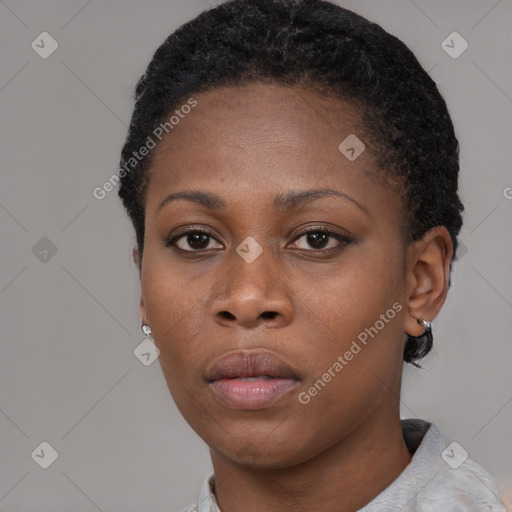 Neutral black young-adult female with short  black hair and brown eyes