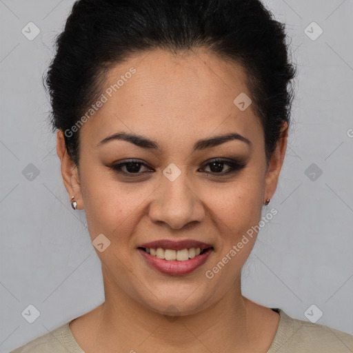 Joyful latino young-adult female with short  brown hair and brown eyes