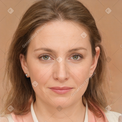 Joyful white young-adult female with medium  brown hair and blue eyes