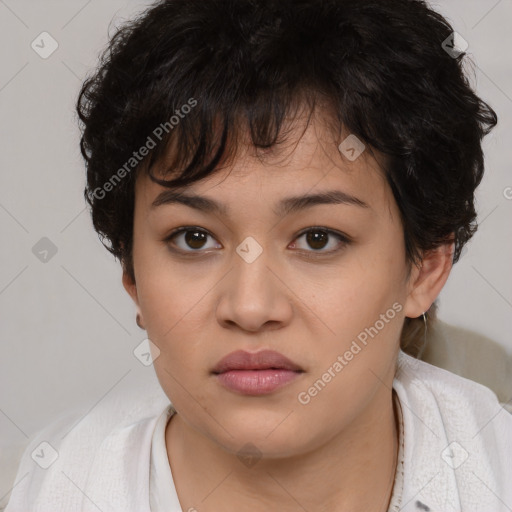 Neutral asian young-adult female with short  brown hair and brown eyes