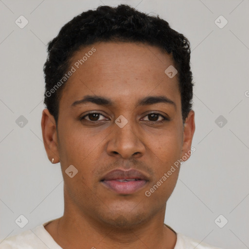 Neutral latino young-adult male with short  black hair and brown eyes