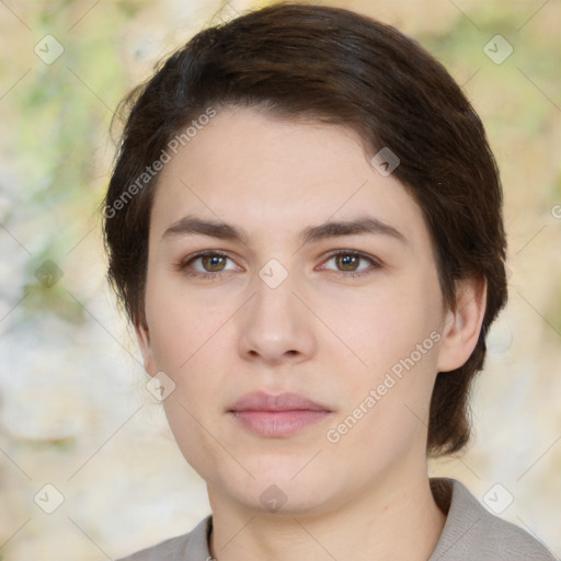 Neutral white young-adult female with medium  brown hair and brown eyes