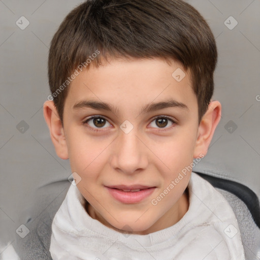 Joyful white child male with short  brown hair and brown eyes