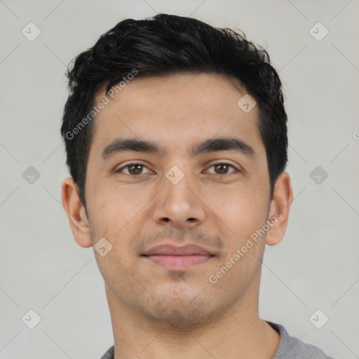 Neutral latino young-adult male with short  black hair and brown eyes