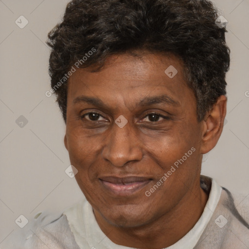 Joyful black adult male with short  brown hair and brown eyes