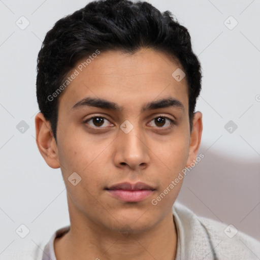 Neutral latino young-adult male with short  brown hair and brown eyes