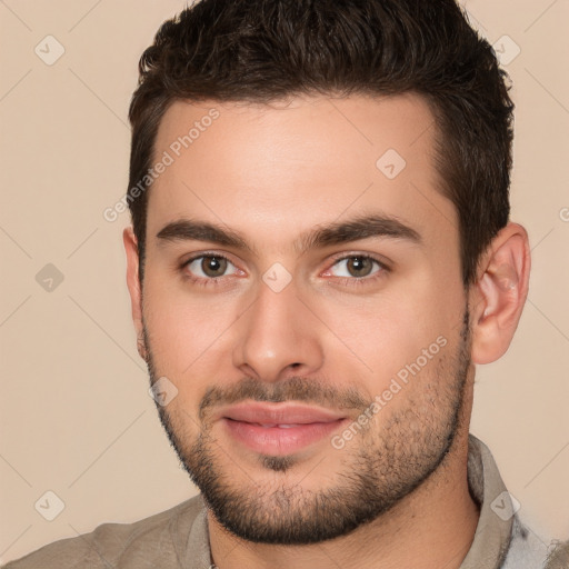 Joyful white young-adult male with short  brown hair and brown eyes