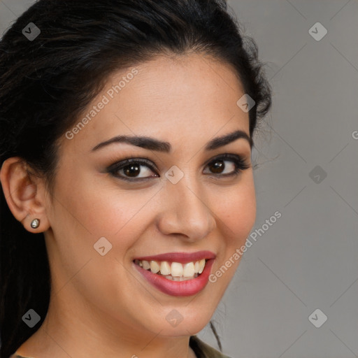 Joyful latino young-adult female with long  brown hair and brown eyes