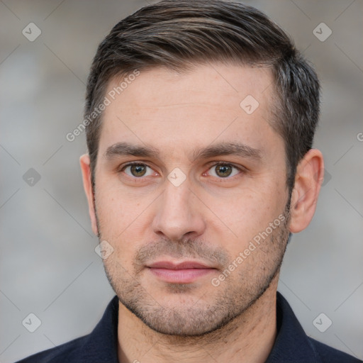 Neutral white adult male with short  brown hair and brown eyes