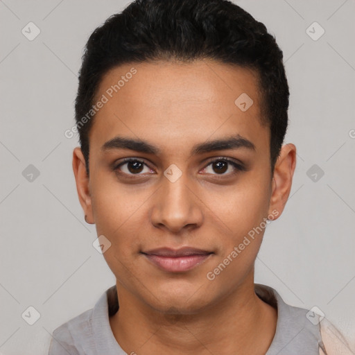 Neutral latino young-adult male with short  black hair and brown eyes