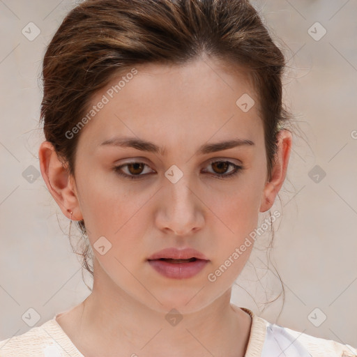 Neutral white young-adult female with medium  brown hair and brown eyes