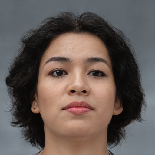 Neutral asian young-adult female with medium  brown hair and brown eyes