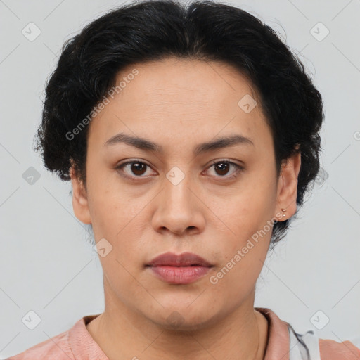 Neutral asian young-adult female with short  brown hair and brown eyes