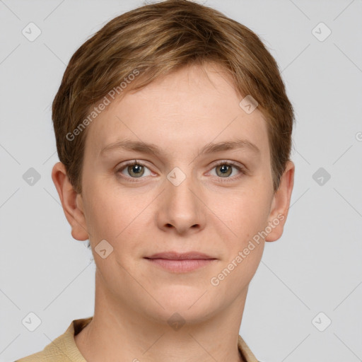 Joyful white young-adult female with short  brown hair and grey eyes