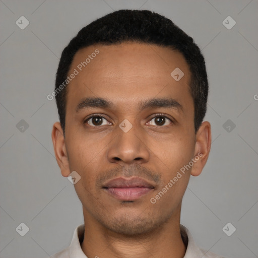 Neutral latino young-adult male with short  black hair and brown eyes