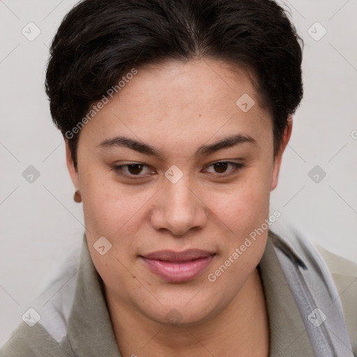 Joyful white young-adult female with short  brown hair and brown eyes