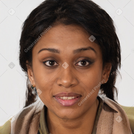 Joyful latino young-adult female with medium  brown hair and brown eyes