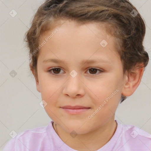 Joyful white child female with short  brown hair and brown eyes