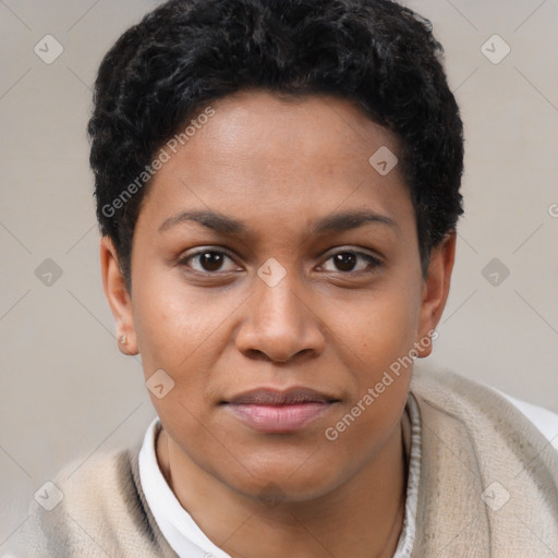 Joyful latino young-adult female with short  brown hair and brown eyes