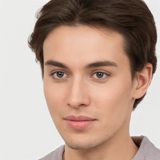 Neutral white young-adult male with short  brown hair and brown eyes