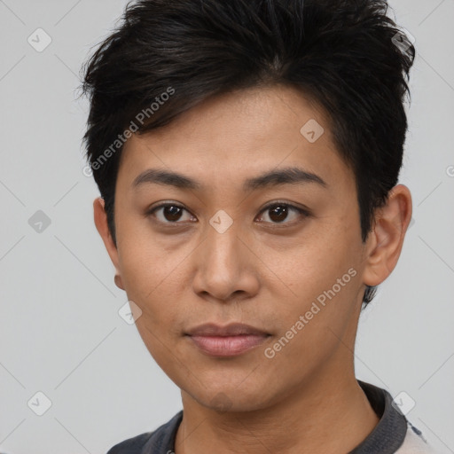 Neutral latino young-adult female with short  brown hair and brown eyes