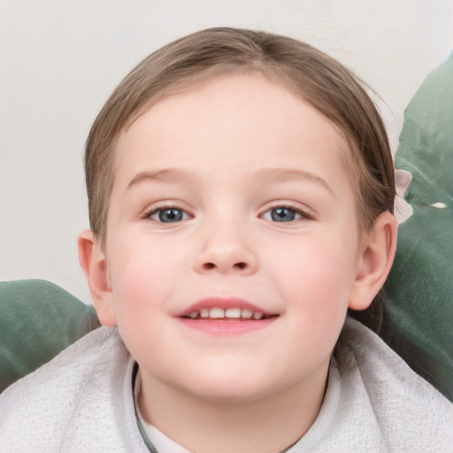 Joyful white child female with medium  brown hair and blue eyes