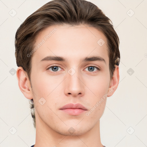 Neutral white young-adult male with short  brown hair and brown eyes