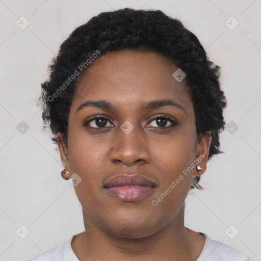 Neutral black young-adult female with short  black hair and brown eyes