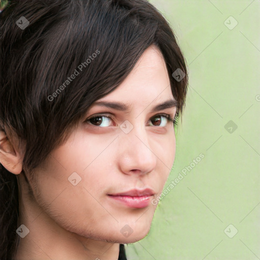 Neutral white young-adult female with medium  brown hair and brown eyes