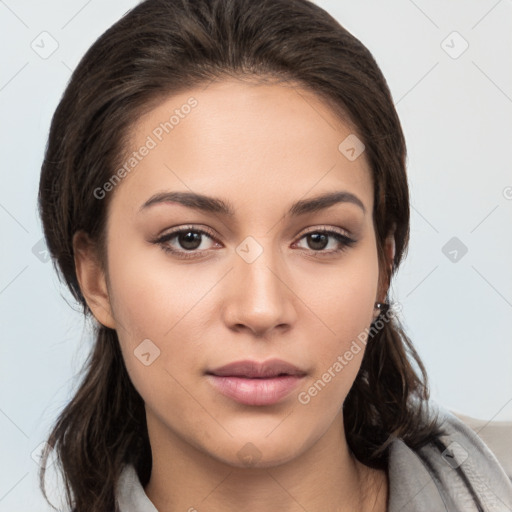 Neutral white young-adult female with medium  brown hair and brown eyes