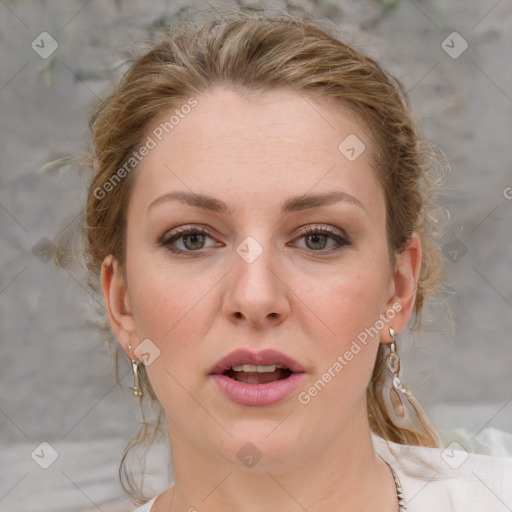 Joyful white young-adult female with medium  brown hair and blue eyes