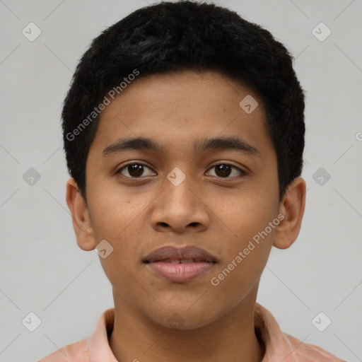 Joyful latino young-adult male with short  brown hair and brown eyes